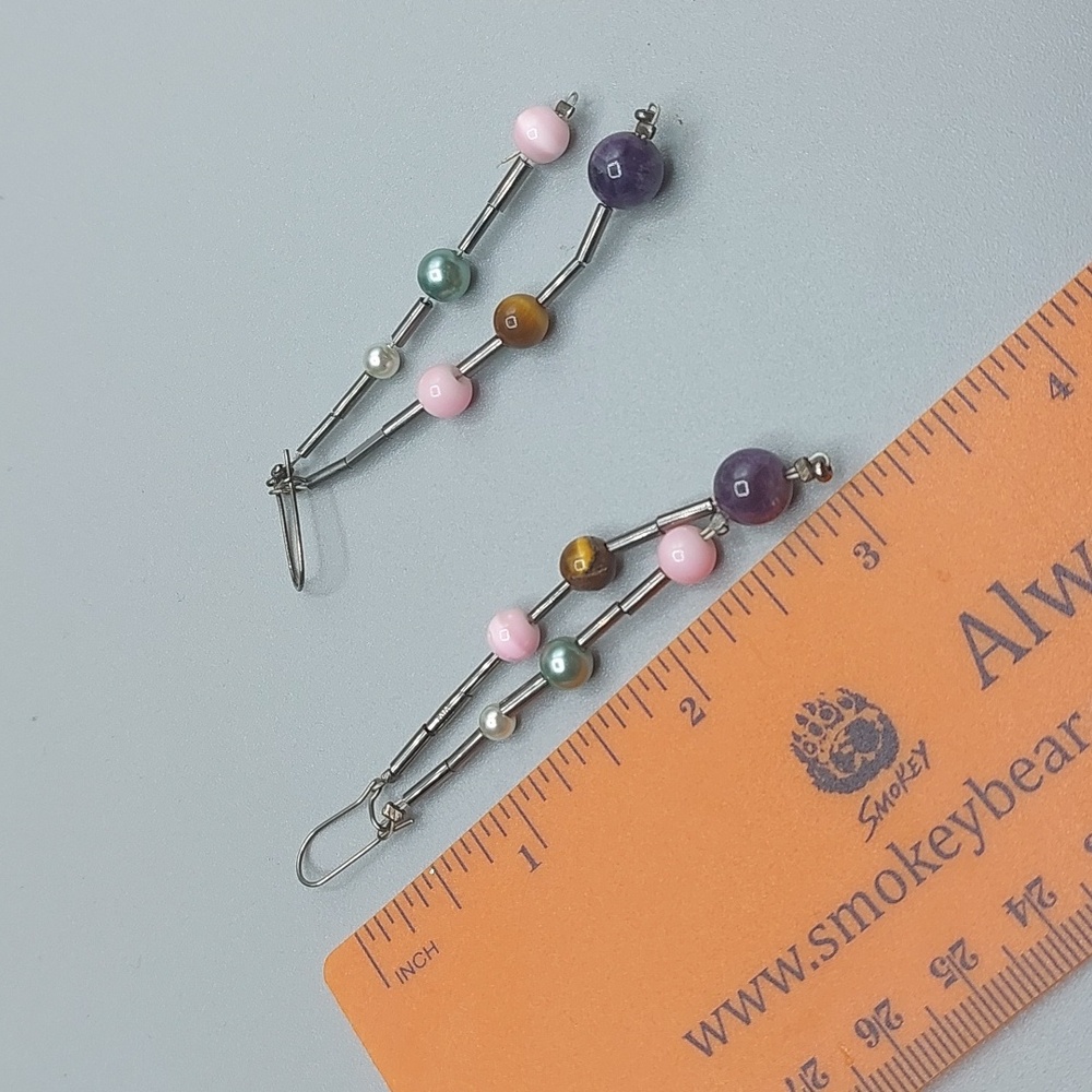 Multi Gemstones Linear Drop Liquid Silver Tone St… - image 4